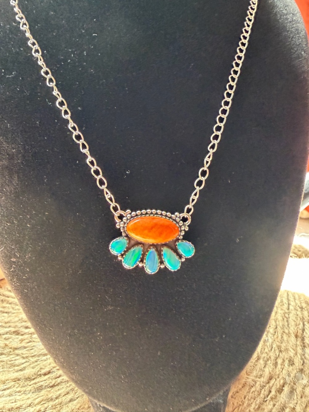 Sterling Sliver-Style Orange Spiny and Blue Opal Pendant Necklace